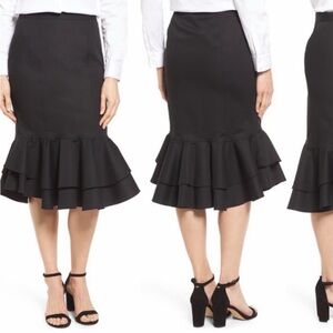 Nordstrom Halogen Black Cotton Ruffled Hem Pencil Skirt Size 14